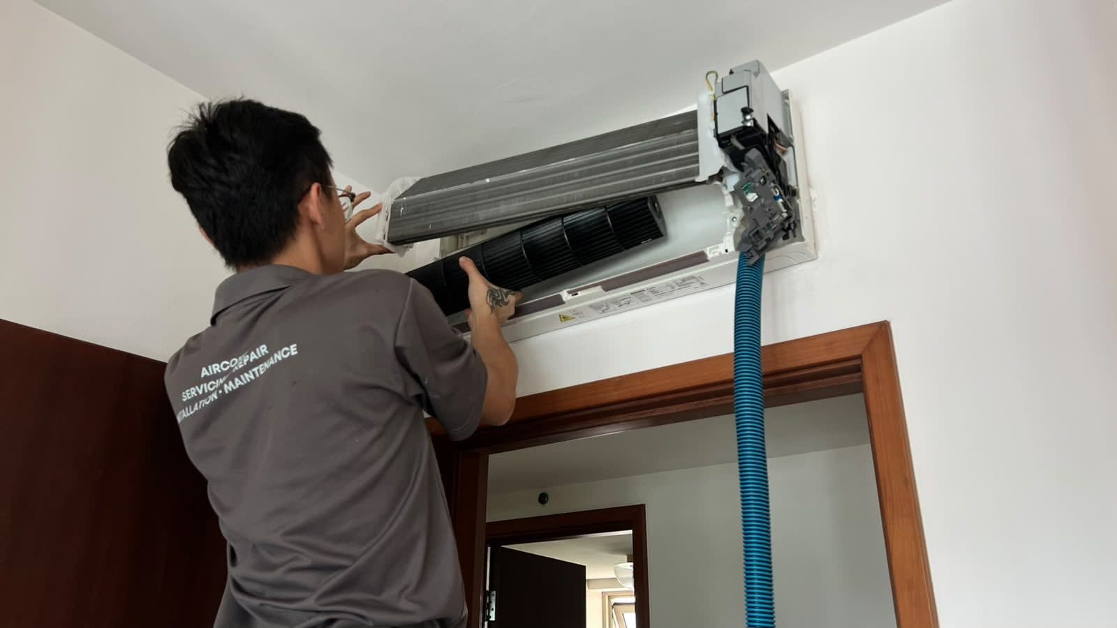 Drain line vacuumed, the usual cause of leaks